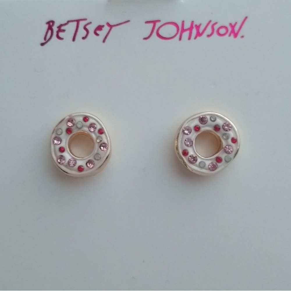 Cute NEW Betsey Johnson enamel and rhinestones donut earrings. White/pink/red